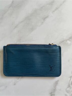 Louis Vuitton Epi  Zip Wallet in Deep Teal Blue only callout is zipper pull